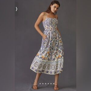 Sleeveless Floral Tile-Print Maxi Dress in White & Navy Anthropologie